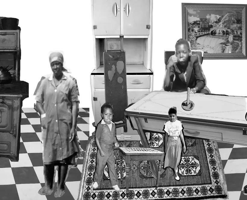 Black and white photographic collage image of several people in a room with black and white checkered floors